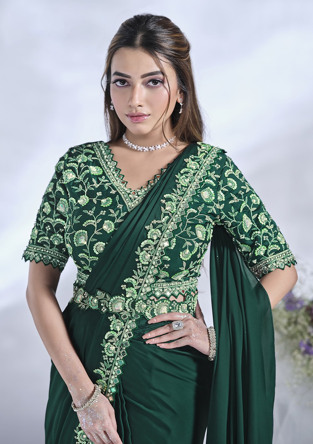 Green Crepe Satin Silk Designer Ready to wear saree with stithced Blouse - Mohmanthan Aura