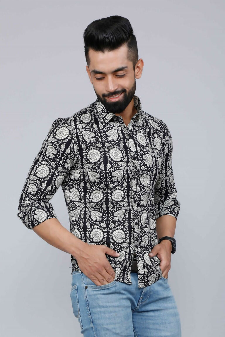 Miravan Men's Black Comfort Floral Printed Cotton Casual Shirt