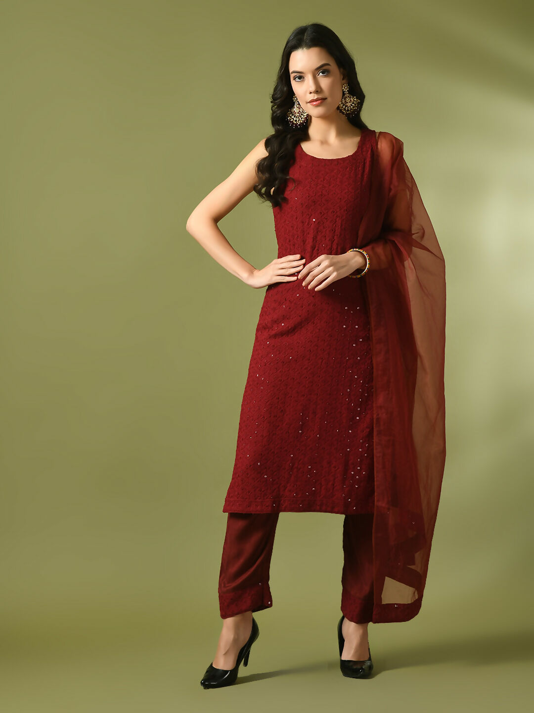 Myshka Women's Maroon Embroidered Cotton Straight Party Kurta Set With Dupatta