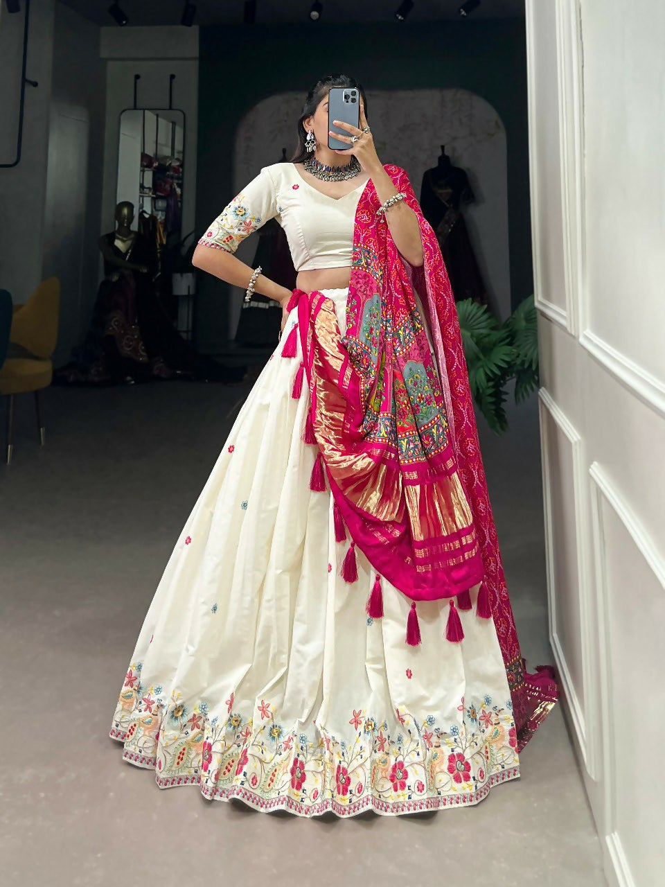 Vastranavya Traditional Special Khadi Cotton Sequins And Thread Embroidery Work Lehenga with Unstitched Blouse - White