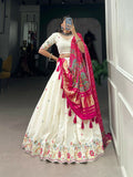Vastranavya Traditional Special Khadi Cotton Sequins And Thread Embroidery Work Lehenga with Unstitched Blouse - White