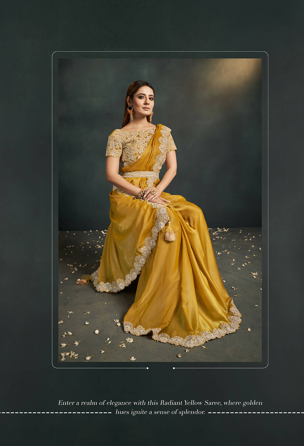 Mustard Organza Silk Crepe Cord Sequence & Thread Embroidered & Stone Work Saree - Moh-Manthan Royal Enigma