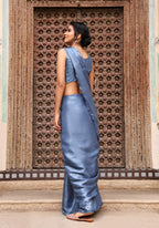 Sky Blue Tom Silk Plain Ready To Wear Saree With Stitched Blouse - Satiksha