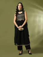 Myshka Women's Black Embroidered Georgette Anarkali Party Kurta Set With Dupatta