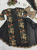 Teeya Creation Black Color Chinon Silk Designer Embroidery Work Ready To Wear Saree With Koti - Distacart