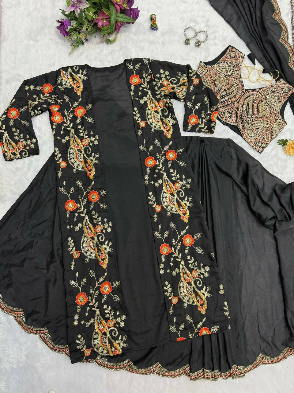 Teeya Creation Black Color Chinon Silk Designer Embroidery Work Ready To Wear Saree With Koti - Distacart