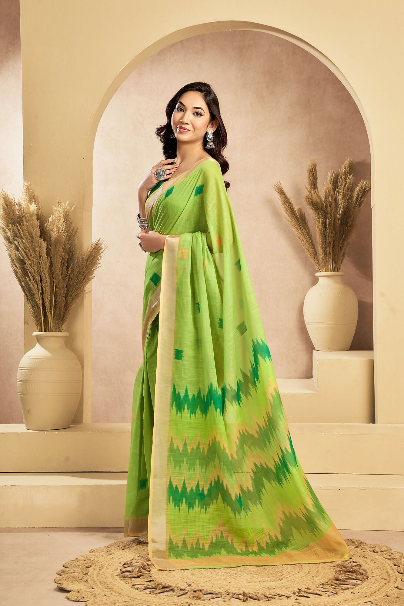 Vastranavya Mint Green Digital Printed Linen Ready To Wear Pocket Saree with Unstitched Blouse - Distacart