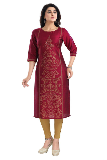 Snehal Creations Majenta Raw Silk Block Print Long Kurta For Women