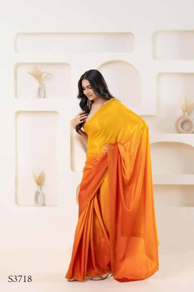 Yellow Satin Pedding Designer, Printed Party Wear Ready To Wear Saree - Femina