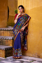 Vastranavya Blue Viscose Chanderi Kalamkari Print with Zari Working Saree & Unstitched Blouse - Distacart
