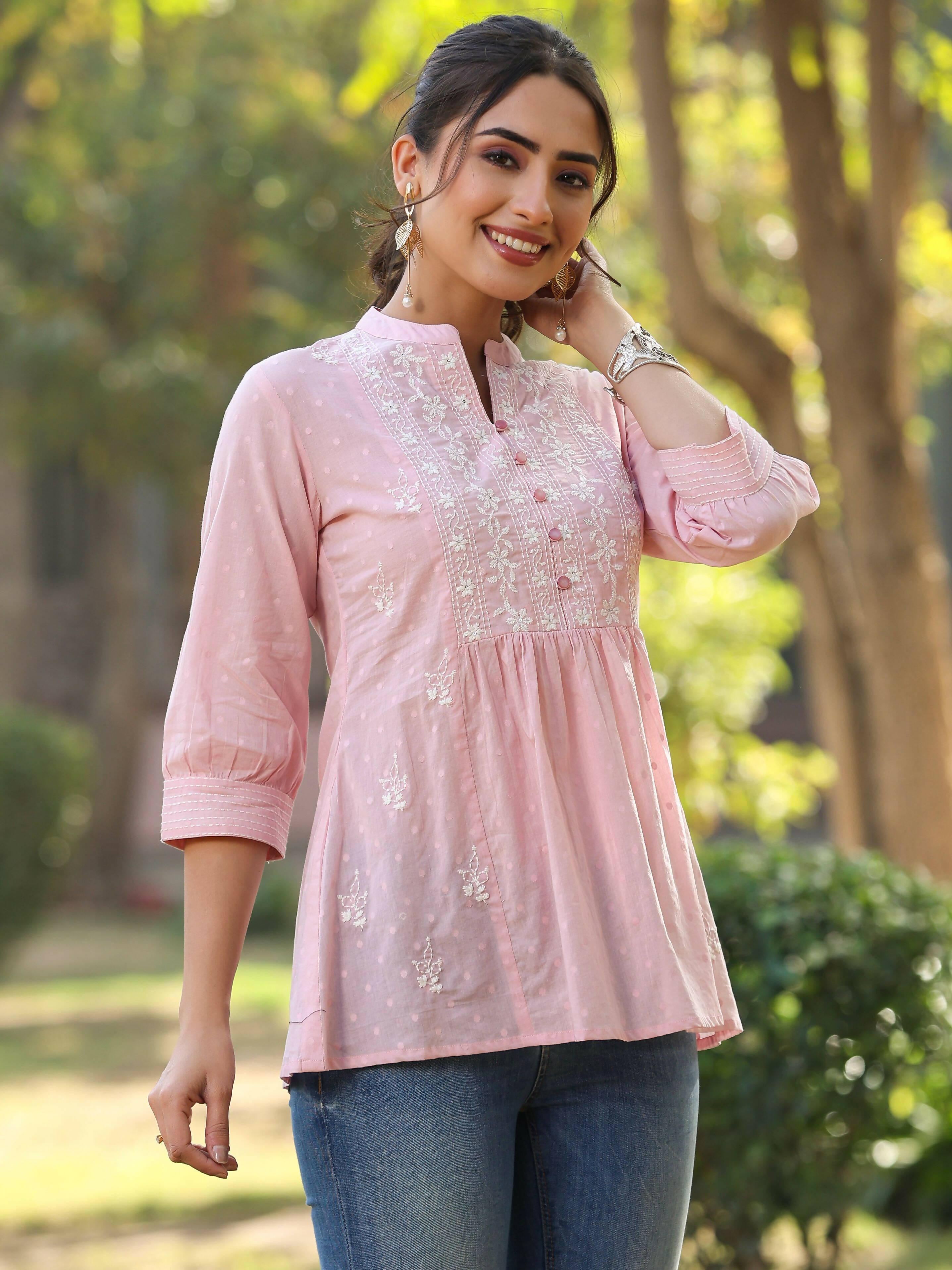 Juniper Women's Pink Cotton Solid With Embroidered Straight Tunic - Distacart