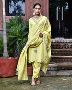 Vaasva Women's Tissue Silk Emboidered Suit Set With Solid Pant & Solid Embroidered Dupatta