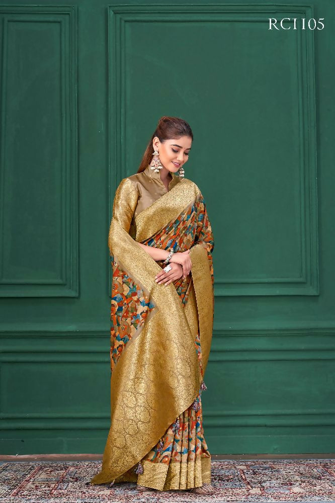 Chiku Tussar Silk Jacquard Abstract Digital Print Saree with Unstitched Blouse - Mohira