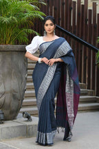 Beatitude Blue Cotton Jacquard Border Tangail Handloom Saree