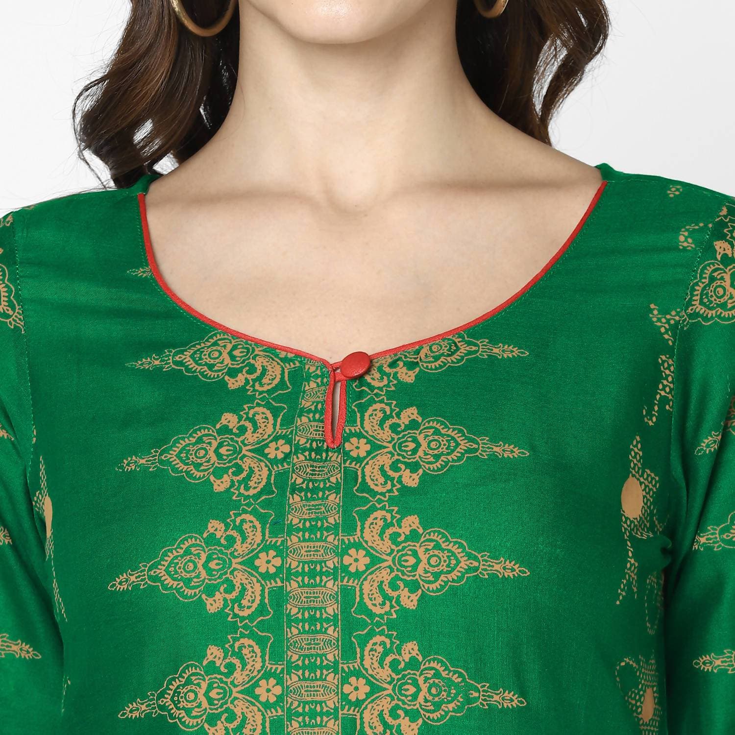Cheera Hand Block Print Bottle Green & Skin Color Straight Kurta With Palazzo (MAAI-091K)