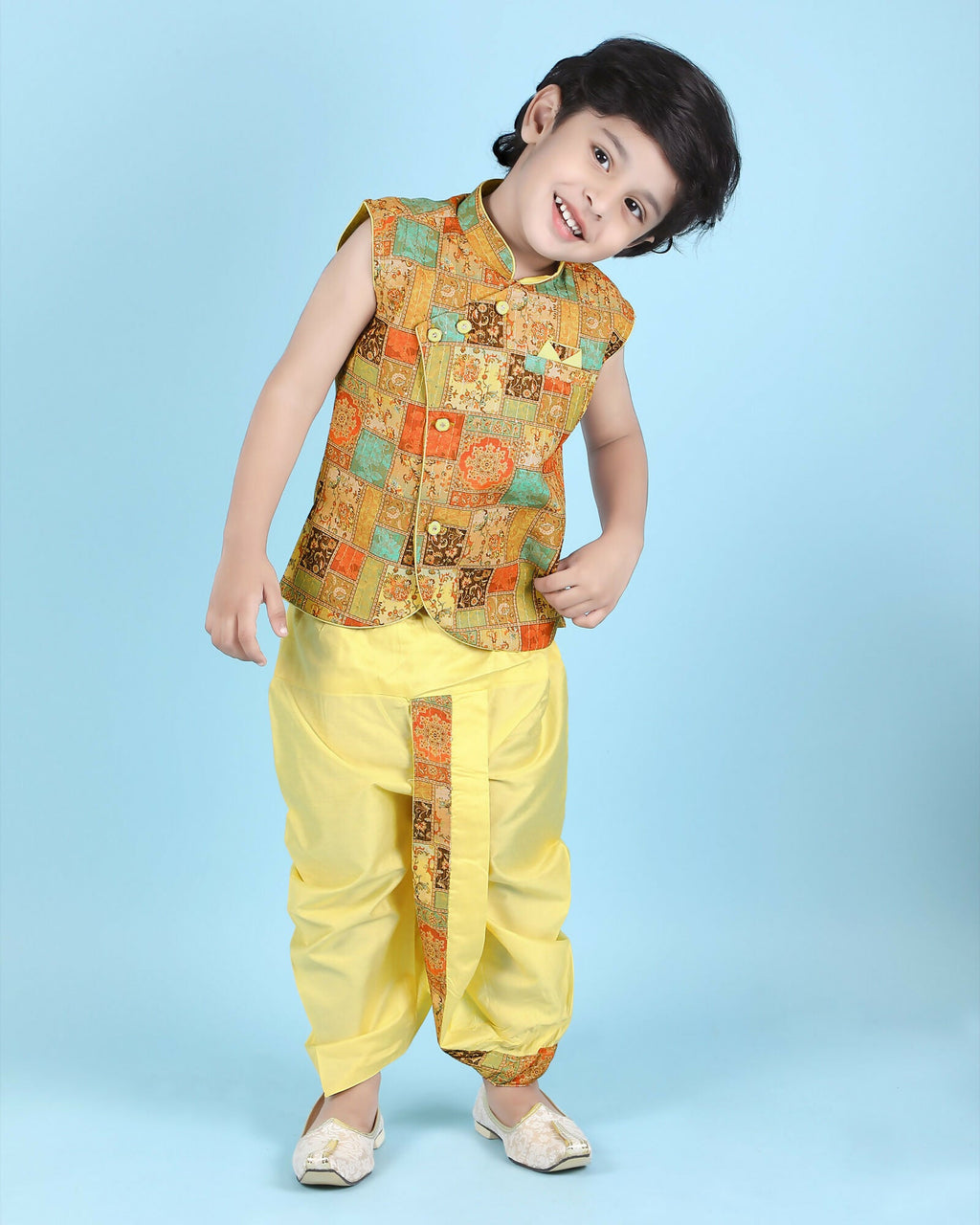 Joban Fashion Kids Island Cotton Sleeveless printed Kurta and Solid Dhoti - Yellow - Distacart