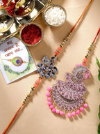 NVR Women & Men Set of 2 Multicolor Peacock Design Stone-Studded & Beaded Bhaiya Bhabhi Rakhi With Roli Chawal & Chocolate - Distacart