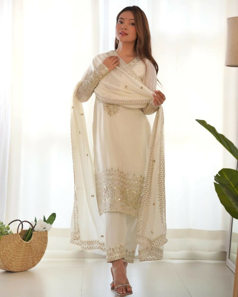 Lehenga Mart Designer Salwar Suit With Kurta, Pant, Dupatta For Women-White - Distacart