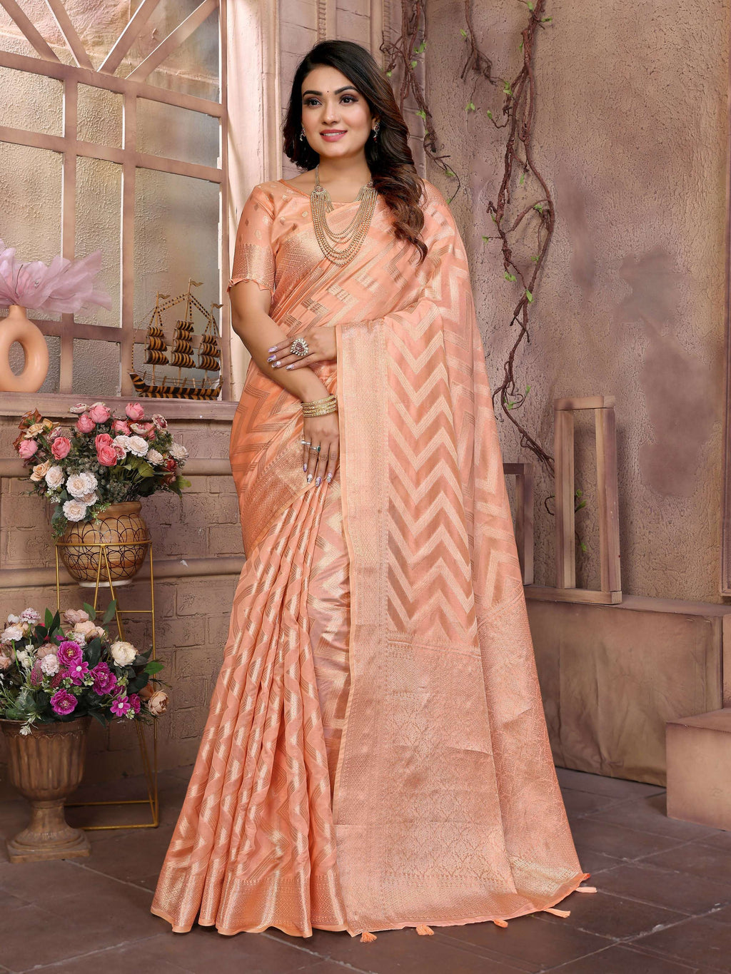 Aastha Fashion Peach Soft Organza Silk Weaving Saree - Distacart