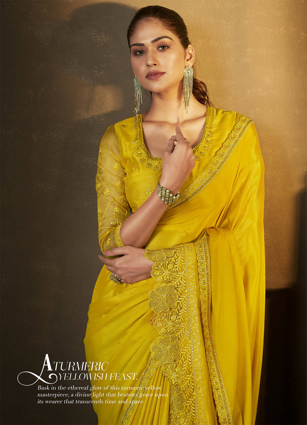 Mustard Satin Silk Floral Embroidered with Swaroski Work Saree With Unstitched Blouse Piece - Norita Royal Erisha