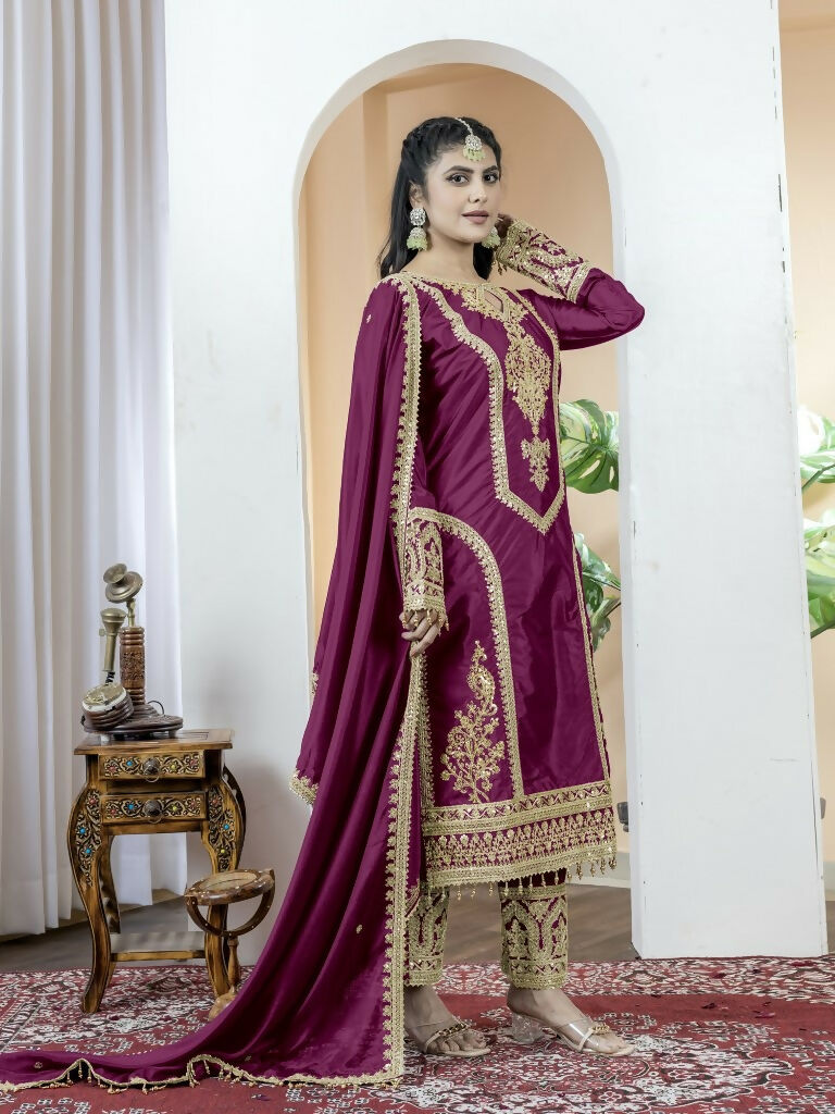 Teeya Creation Wine Color Chinnon Silk Embroidery Work Fully Stitched Salwar Suit - Distacart