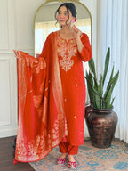 The52 Rust Women's Gorgeous Roman Silk Fabric Straight Kurta, Pant and Dupatta Set - Distacart