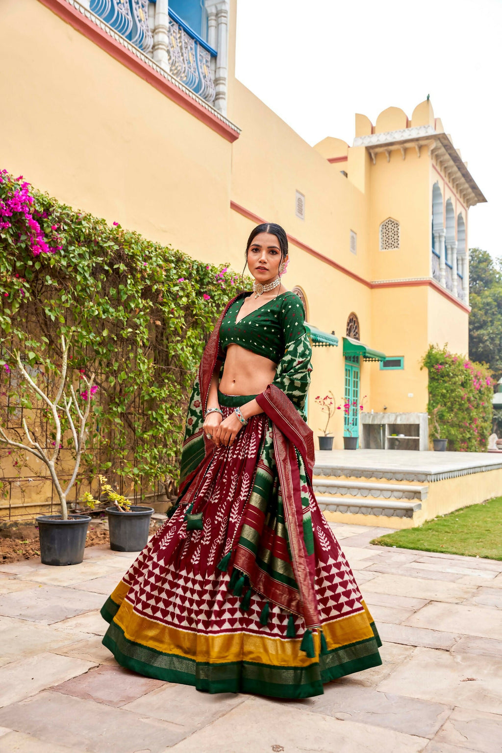 Vastranavya Printed and Foil Work Tussar Silk Lehenga with Unstitched Blouse - Maroon
