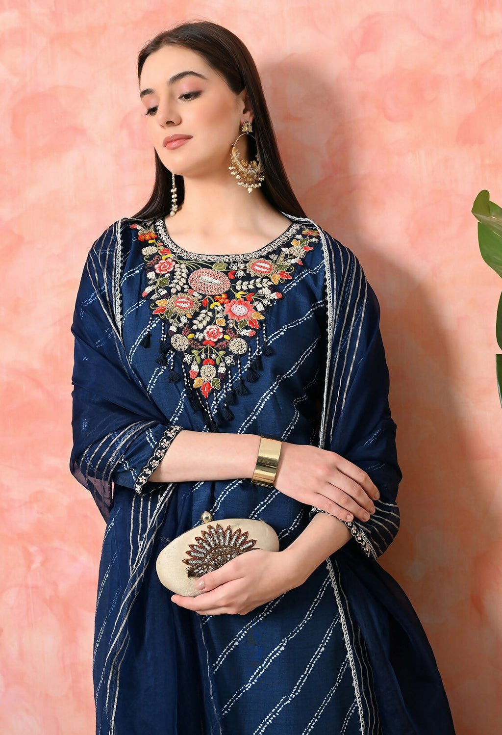 Joban Fashion Navy Blue Premium Pure Viscose Print Dola With Handwork Kurta Set