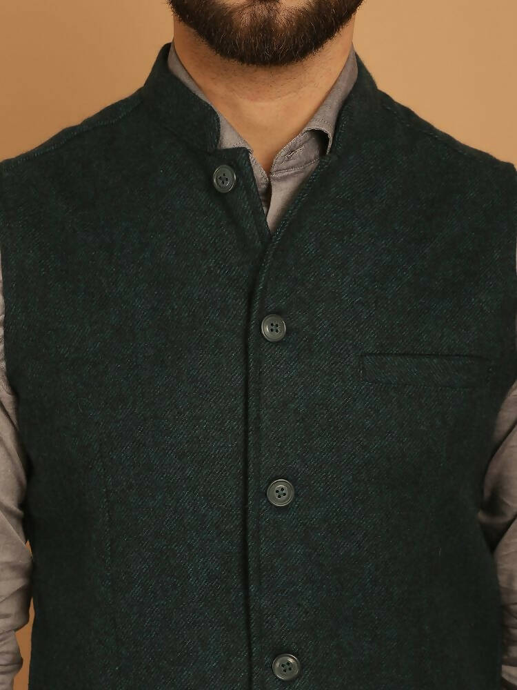 Even Apparels Pure Wool Nehru Jacket - Green