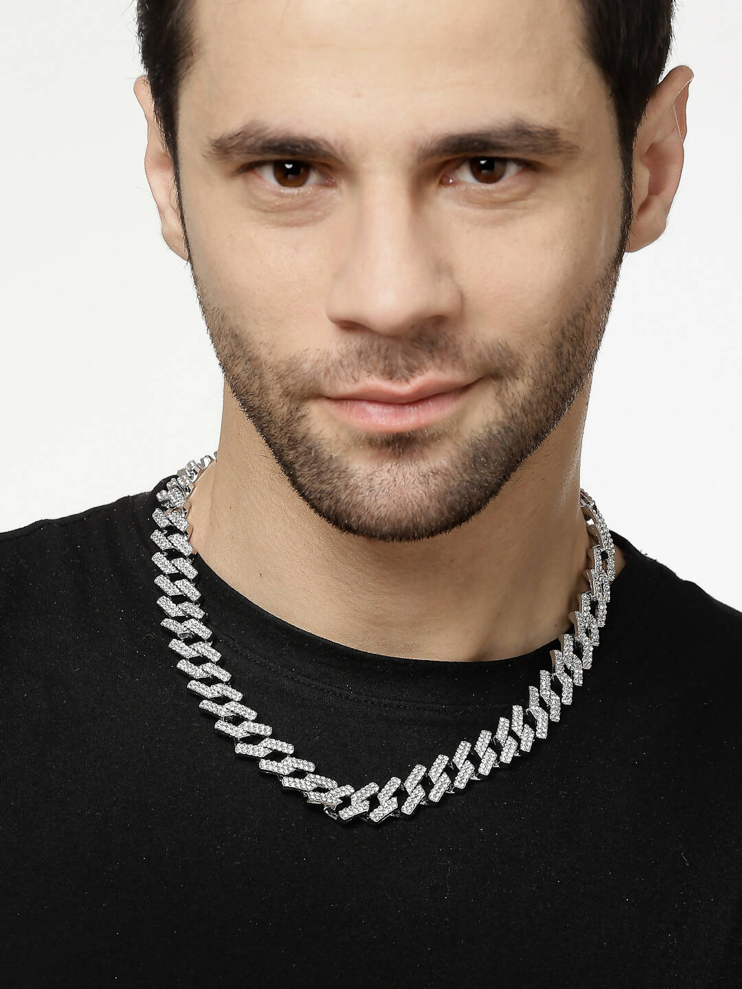 NVR Men Silver-Plated Stainless Steel American Diamond Chain