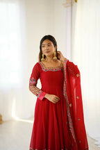 Teeya Creation Red Color Heavy Georgette Wedding Wear Embroidery Work Long Gown - Distacart
