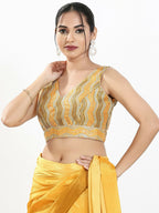Joban Fashion Yellow Multi Silk Padded Blouse With V Neck Sleeveless - Distacart