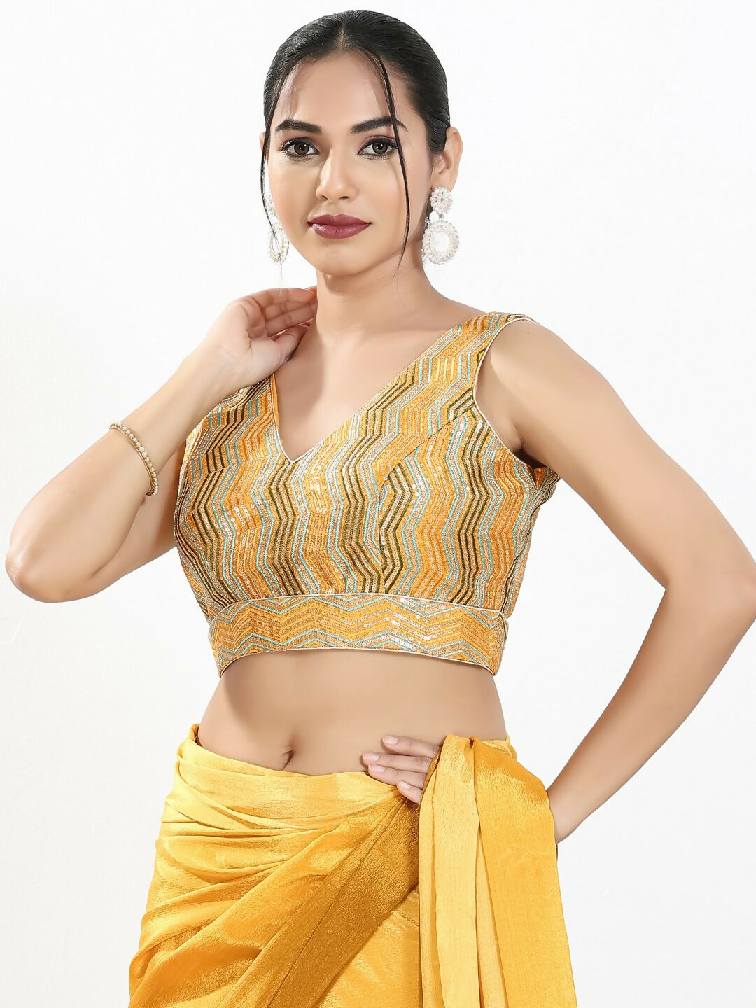 Joban Fashion Yellow Multi Silk Padded Blouse With V Neck Sleeveless - Distacart
