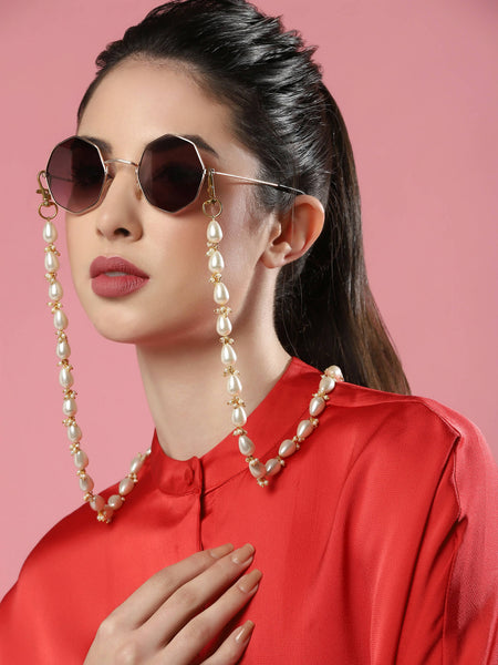 Gold-Toned White Embellished Mask Chain - Ruby Raang