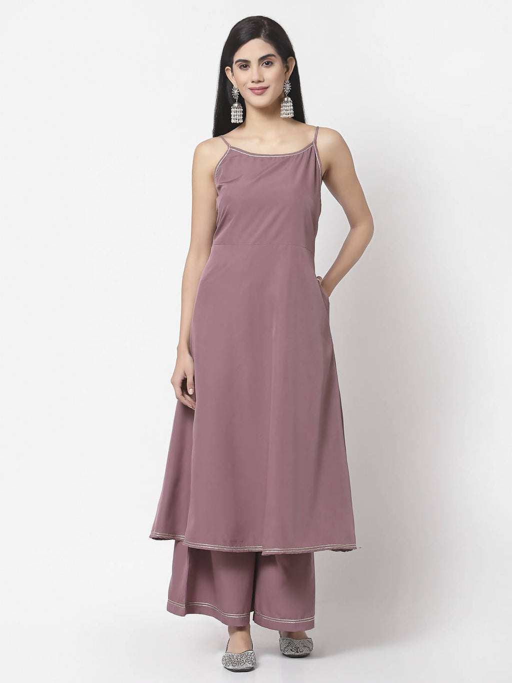 Myshka Women Mauve Silk Blend Solid Sleeveless Round Neck Neck Kurta Palazzo Dupatta Set