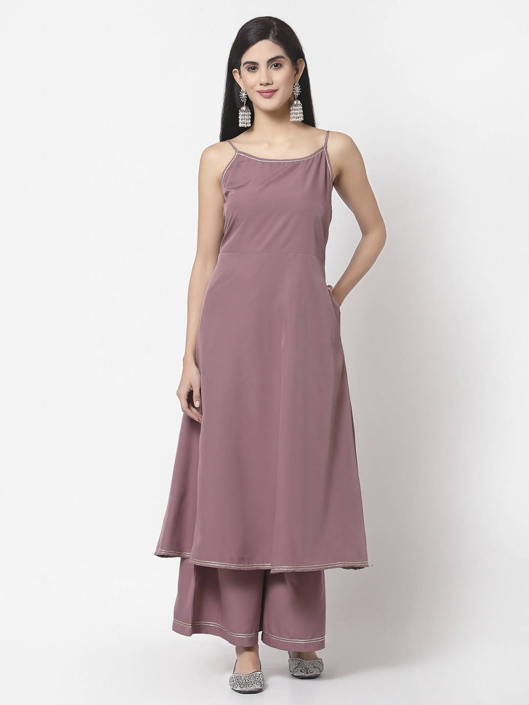 Myshka Women Mauve Silk Blend Solid Sleeveless Round Neck Neck Kurta Palazzo Dupatta Set