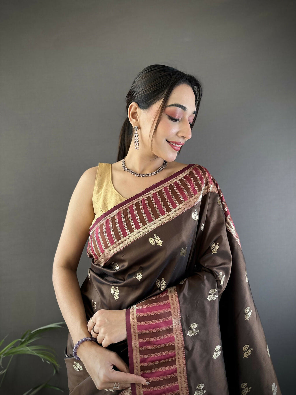 Joban Fashion Brown Woven Zari Motifs Lichi Silk Banarasi Silk Saree - Distacart