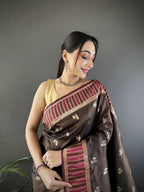 Joban Fashion Brown Woven Zari Motifs Lichi Silk Banarasi Silk Saree - Distacart