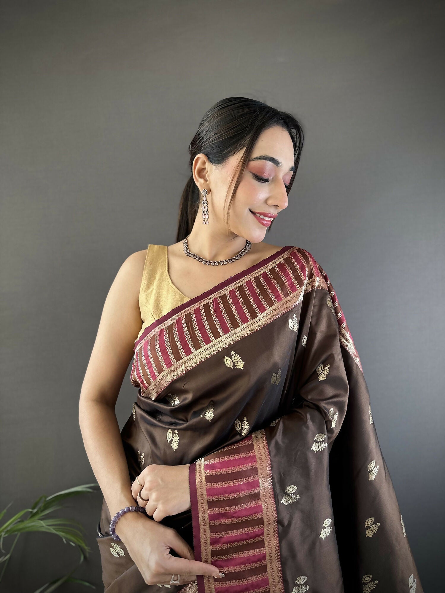 Joban Fashion Brown Woven Zari Motifs Lichi Silk Banarasi Silk Saree - Distacart