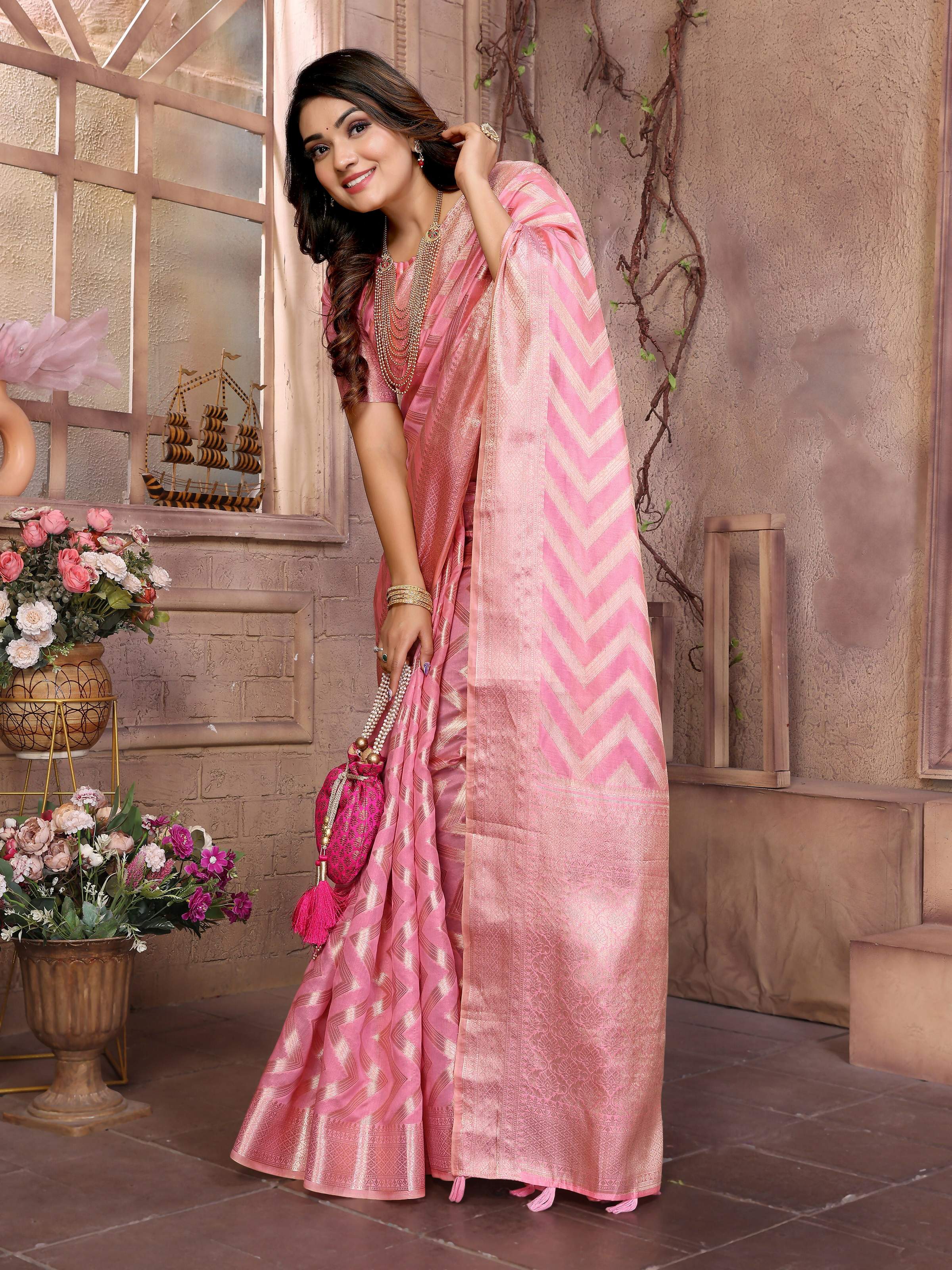 Aastha Fashion Pink Soft Organza Silk Weaving Saree - Distacart