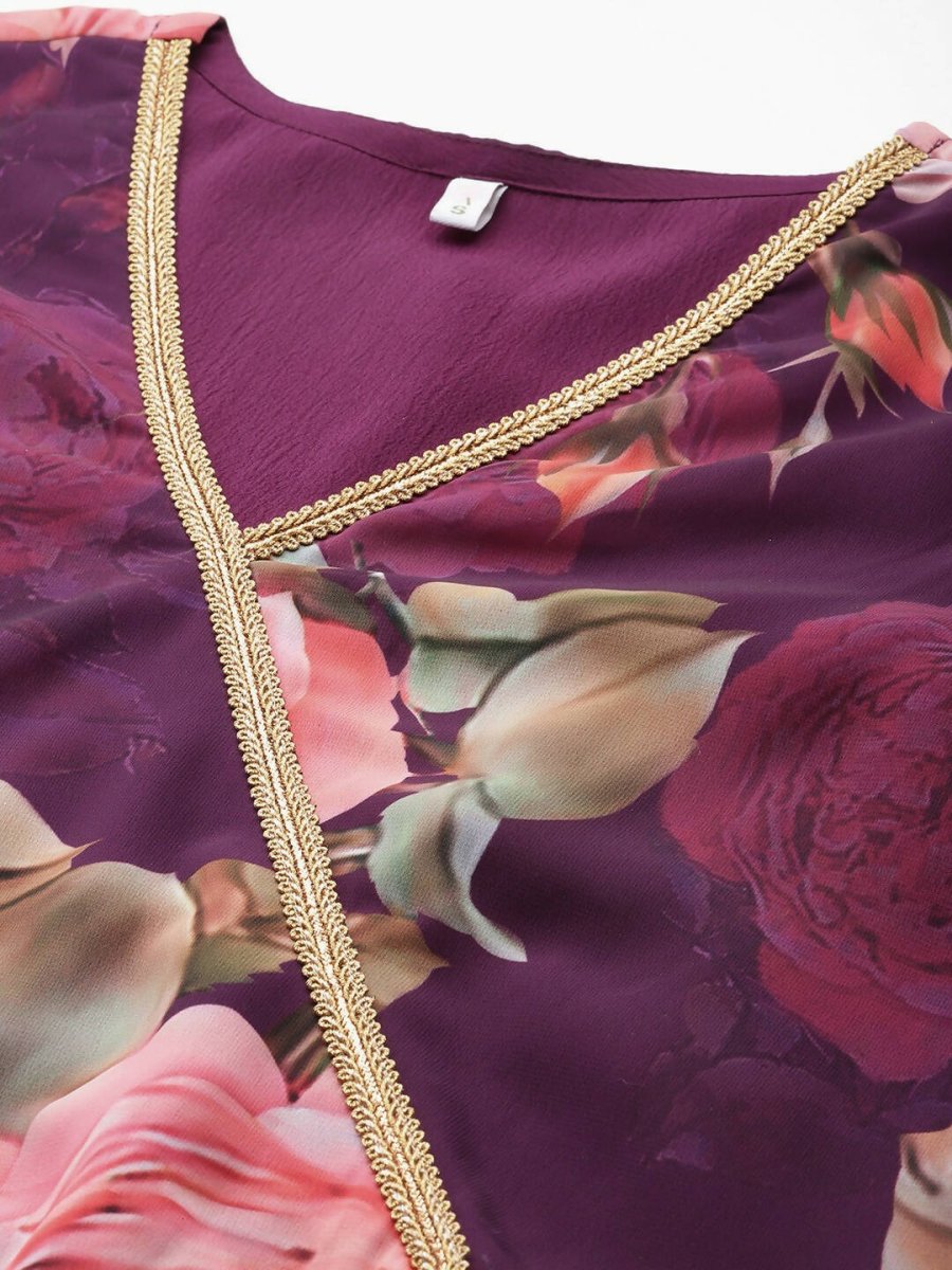 Ahalyaa Women Floral Printed Angrakha Kurta with Palazzos - Burgundy Color