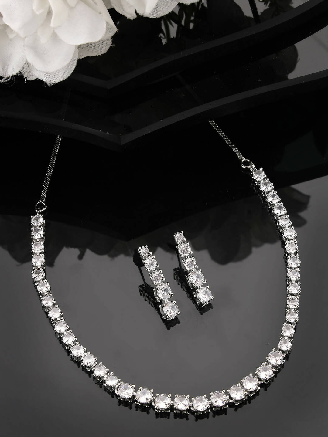 NVR Women Silver Plated Cz Stone Handcrafted Jewellery Set