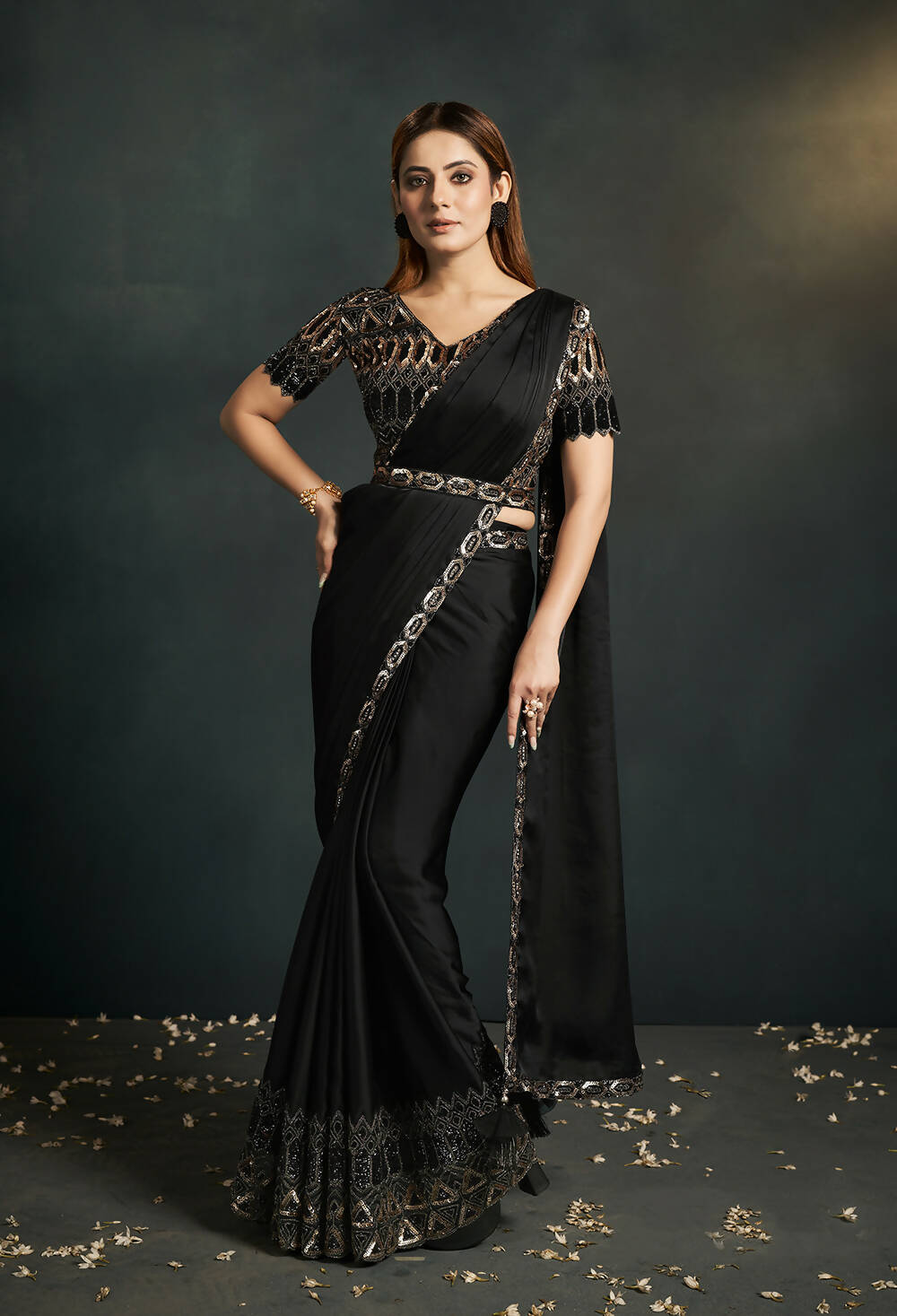 Black Satin Silk Crepe Cord Sequence & Thread Embroidered & Stone Work Saree - Moh-Manthan Royal Enigma