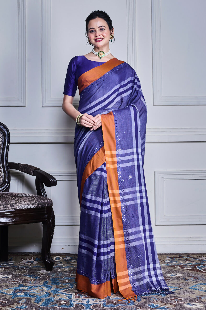 Morchari Sky Blue Cotton Handloom Mirror Work Saree Unstitched Blouse - Distacart