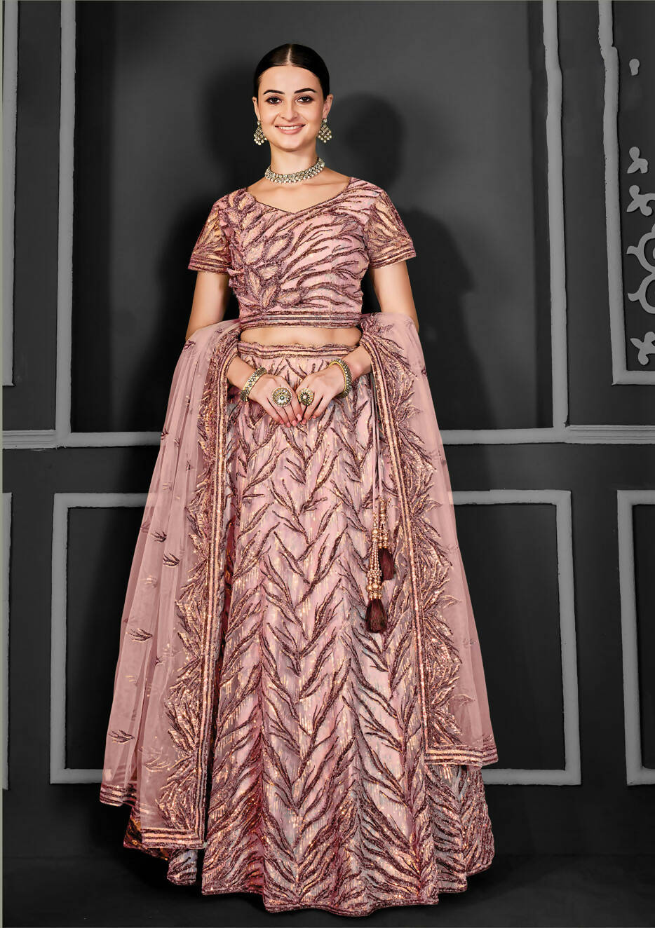 Peach Net Semi-Stitched Bridal Lehenga - Nimayaa Bonanza