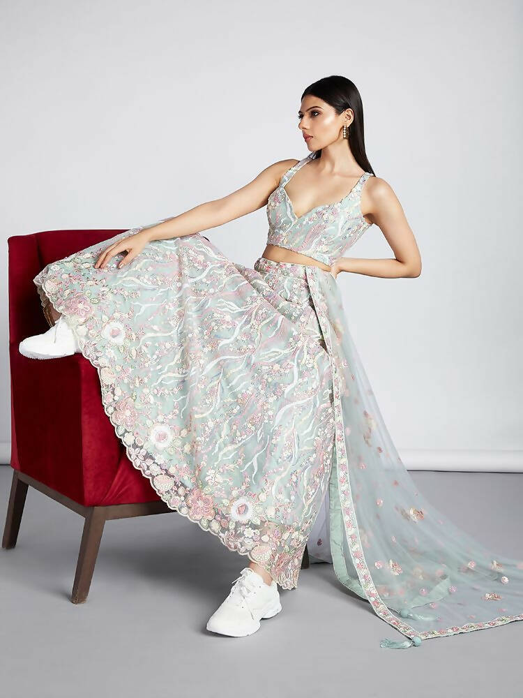 House of Panchhi Lime Green Net Sequins And Thread Embroidery Lehenga Choli & Dupatta