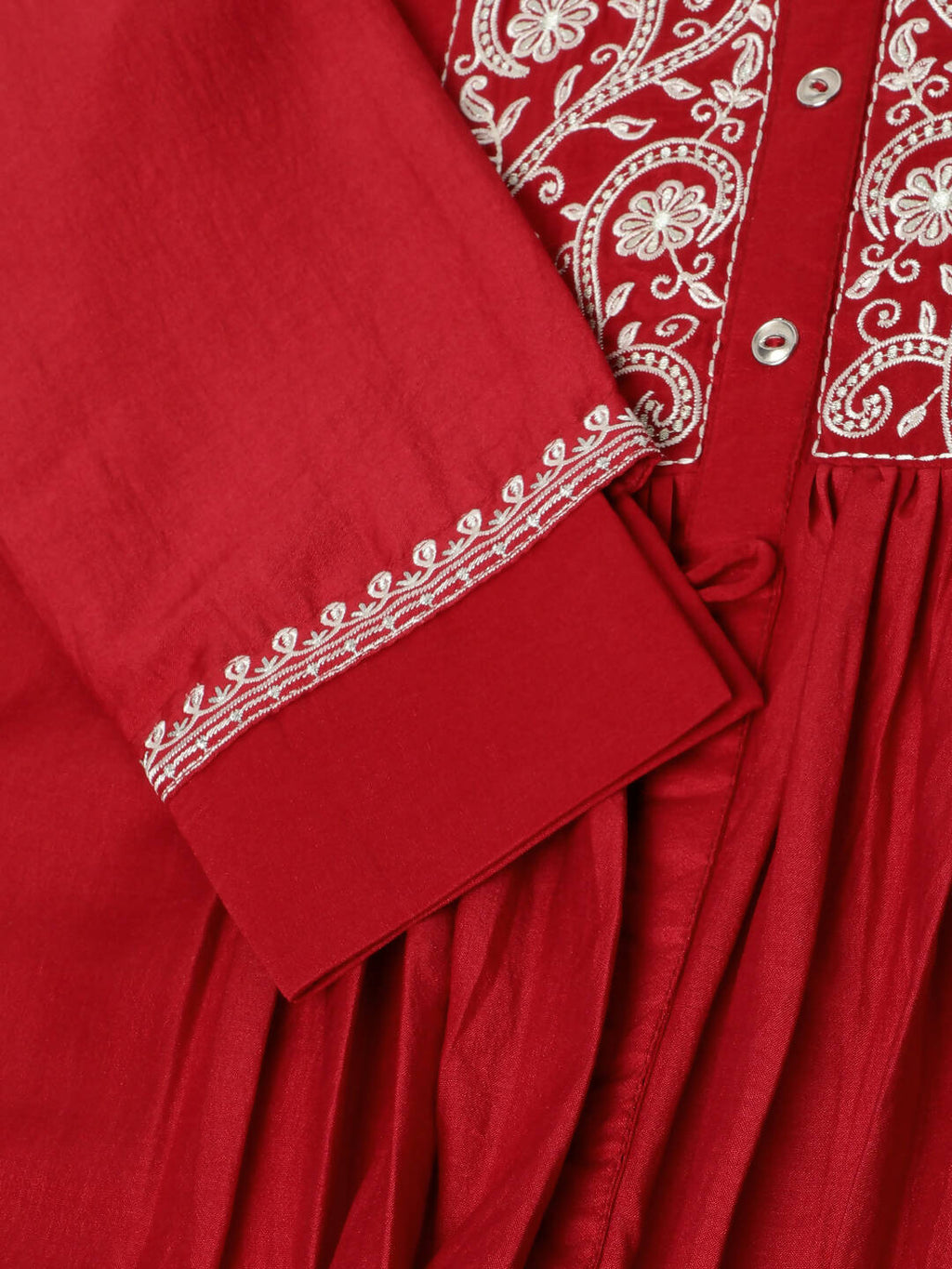 Red Chinon Floral Embroidered Top with Bottom - Maanushi