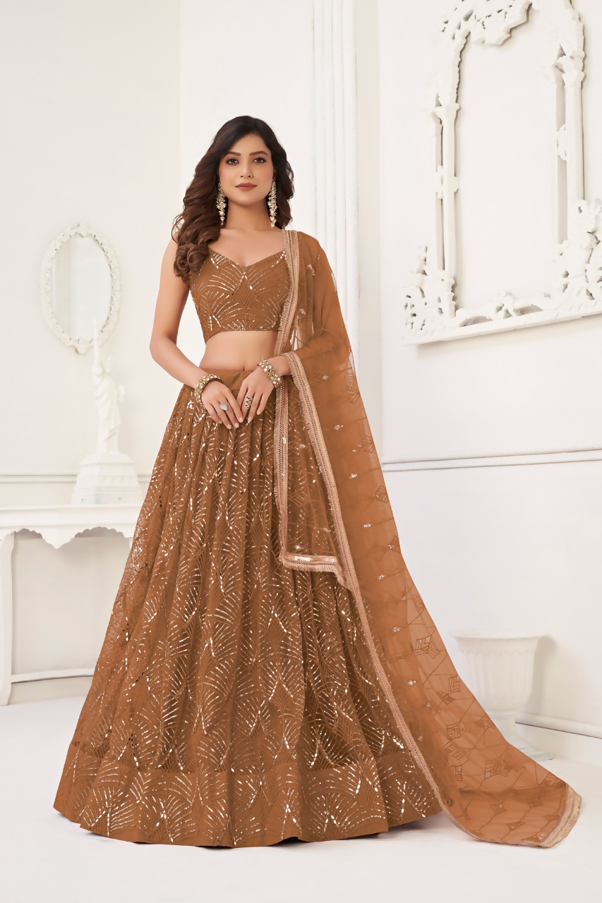 Eilara Brown Thread Sequin Embroidered Net Lehenga Set