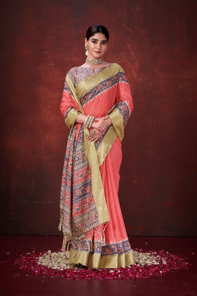Red Poly Habotai Silk Foil Print Saree with Unstitched Blouse - Kathari