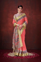 Red Poly Habotai Silk Foil Print Saree with Unstitched Blouse - Kathari
